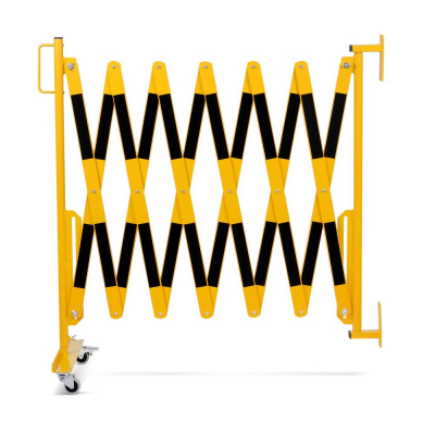 Barrière extensible jaune et noire avec montage mural et roulettes