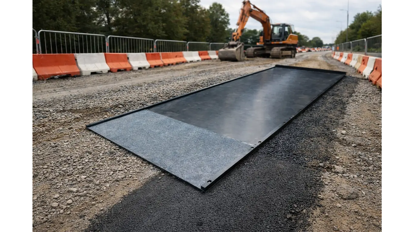 Installation de plaques de roulage sur chantier