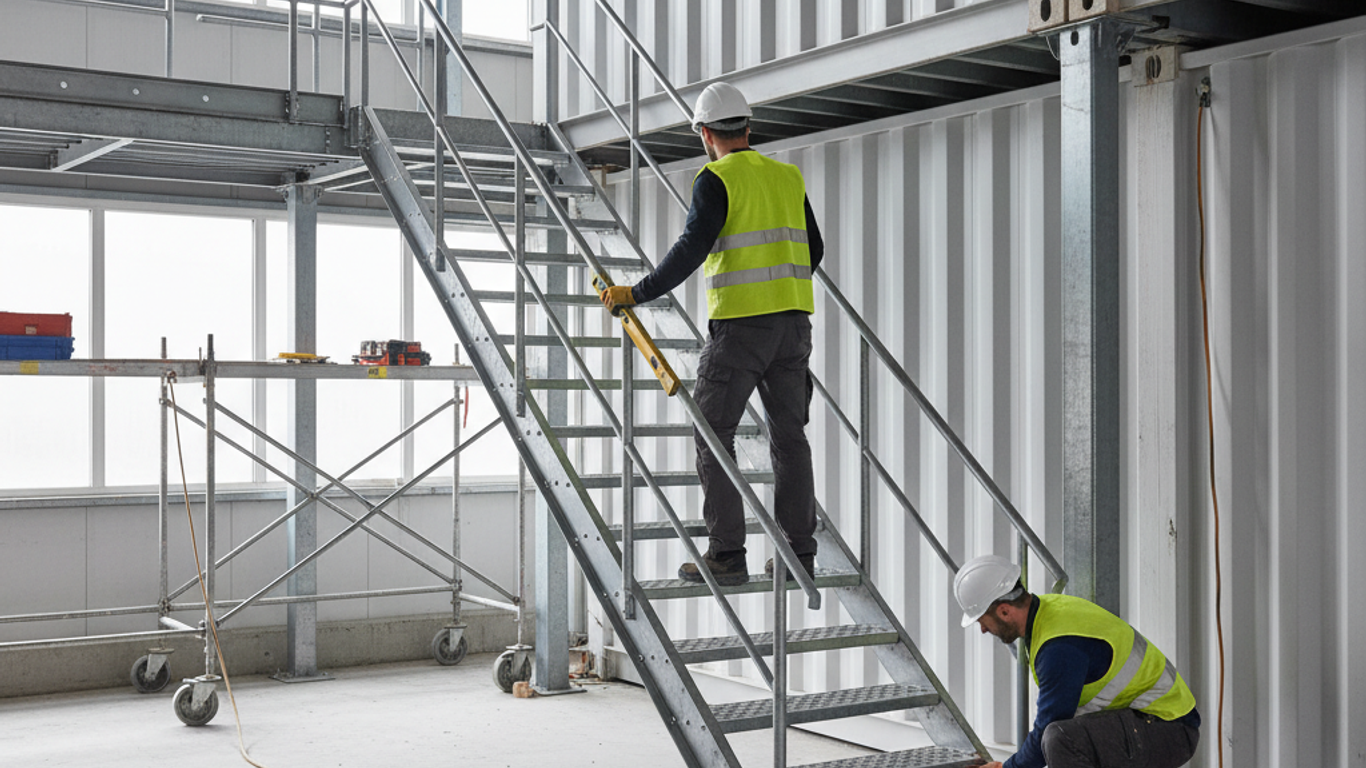 Préparation et vérification des matériaux avant installation d'escaliers conteneurs
