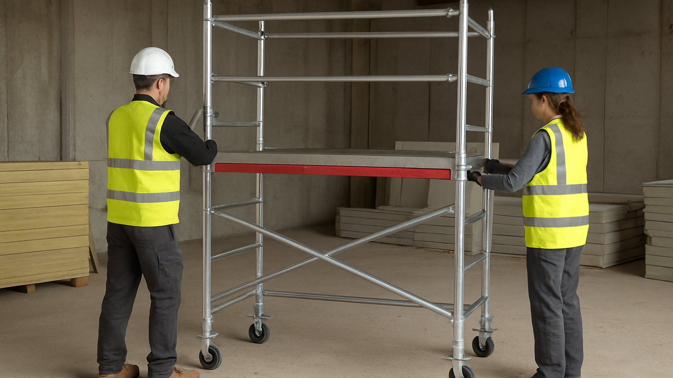 Préparation et vérification des composants avant installation d'un échafaudage roulant