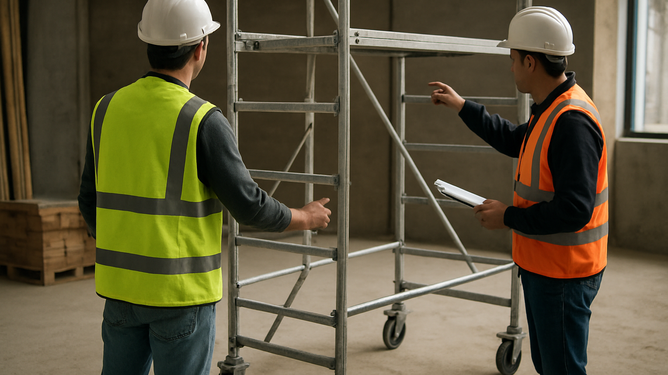 Inspection visuelle d'un échafaudage roulant avant utilisation sur chantier
