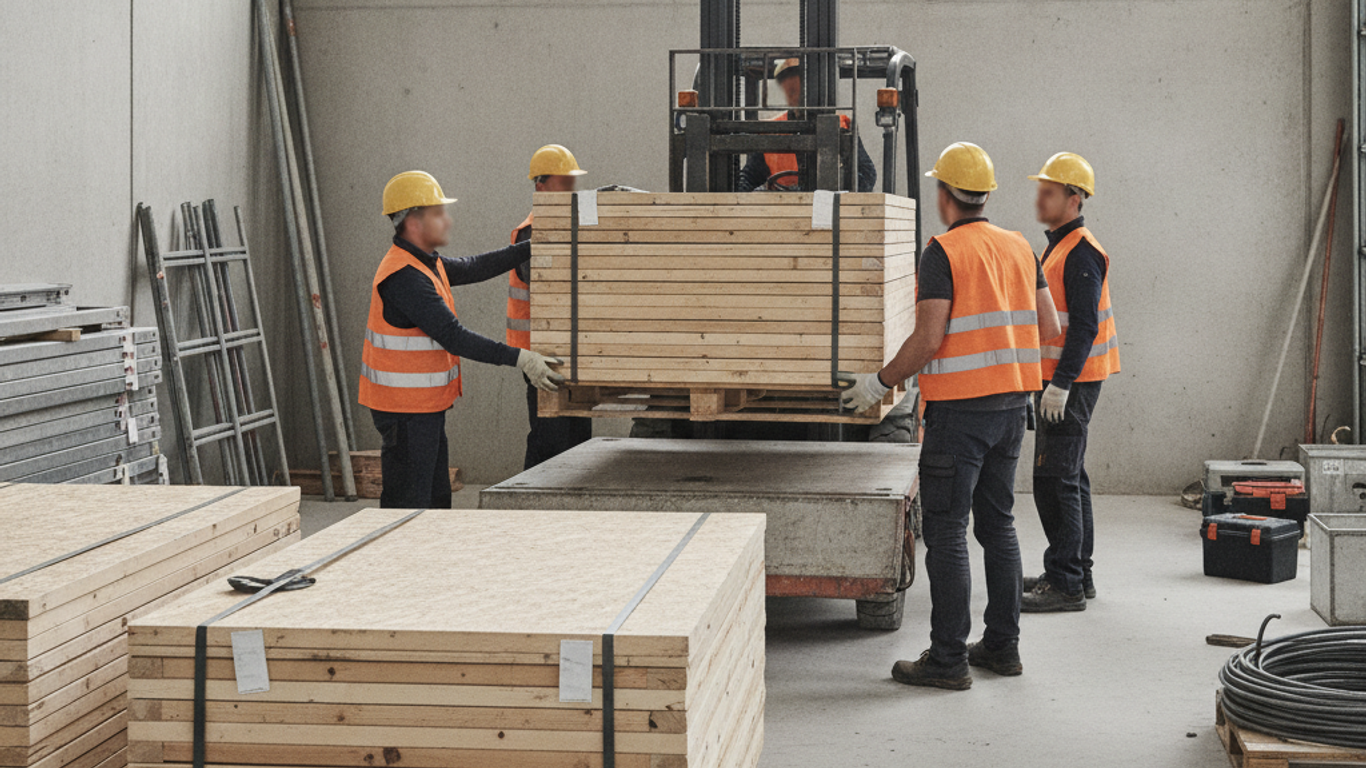 Stockage des panneaux bois de coffrage sur cales avec protection contre l'humidité