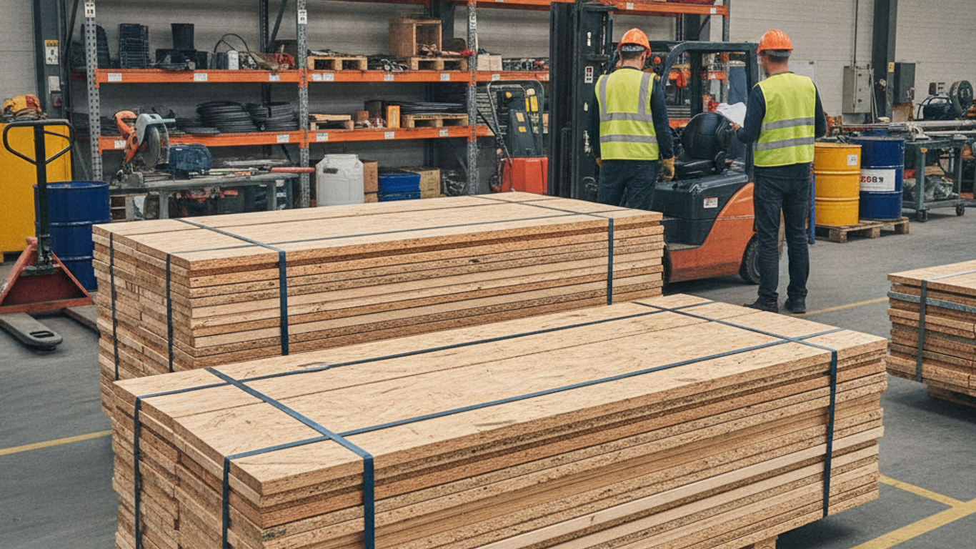 Transport sécurisé de panneaux bois de coffrage sur véhicule de chantier avec arrimage