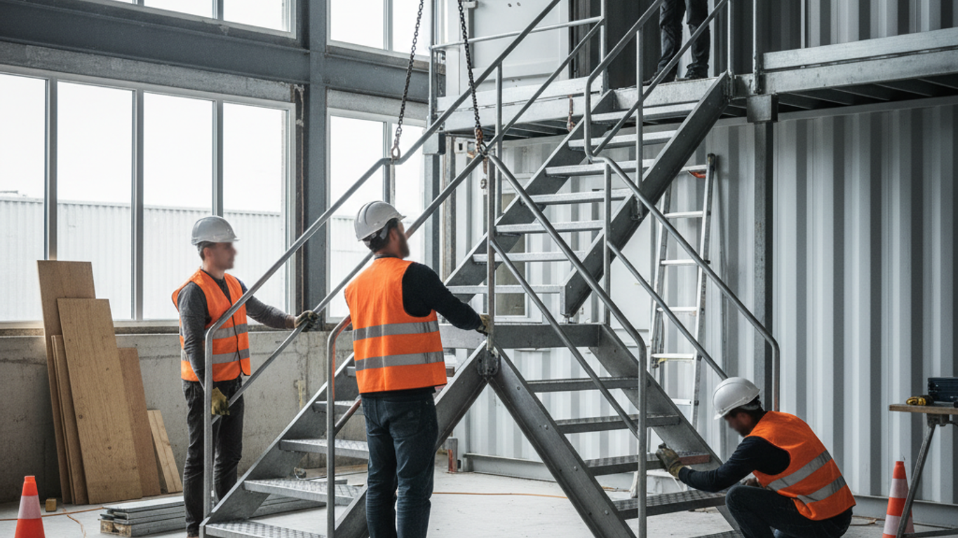 Étapes clés installation escalier conteneur base vie