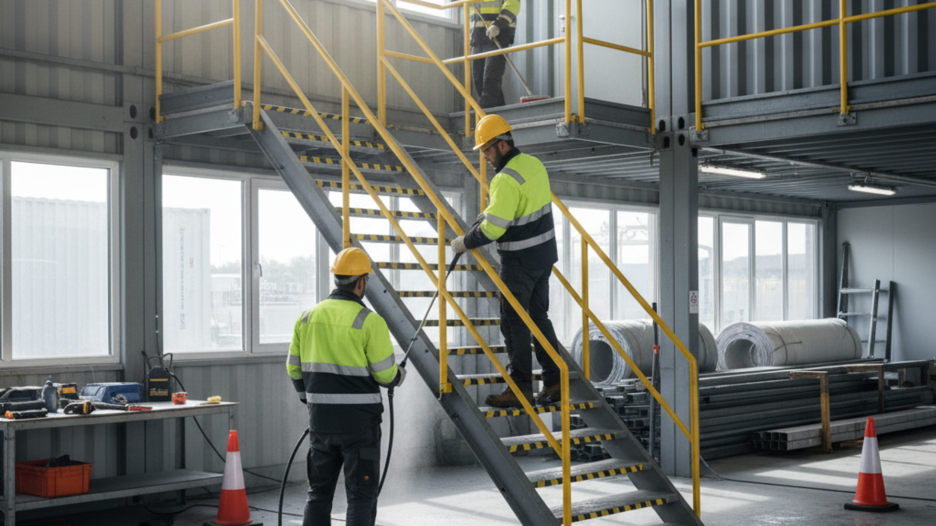 Nettoyage et entretien des marches d'escalier conteneur base vie