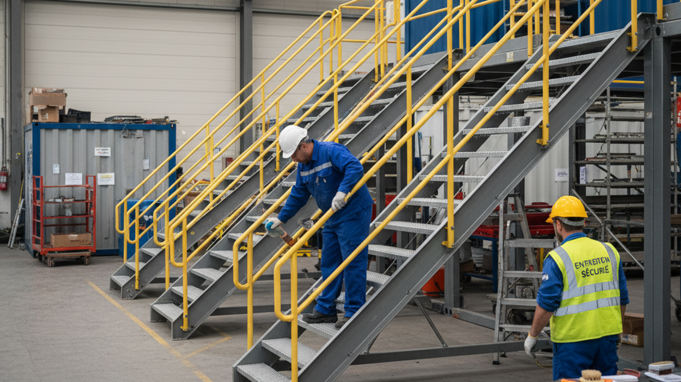 Vérification des fixations et sécurité des escaliers conteneurs