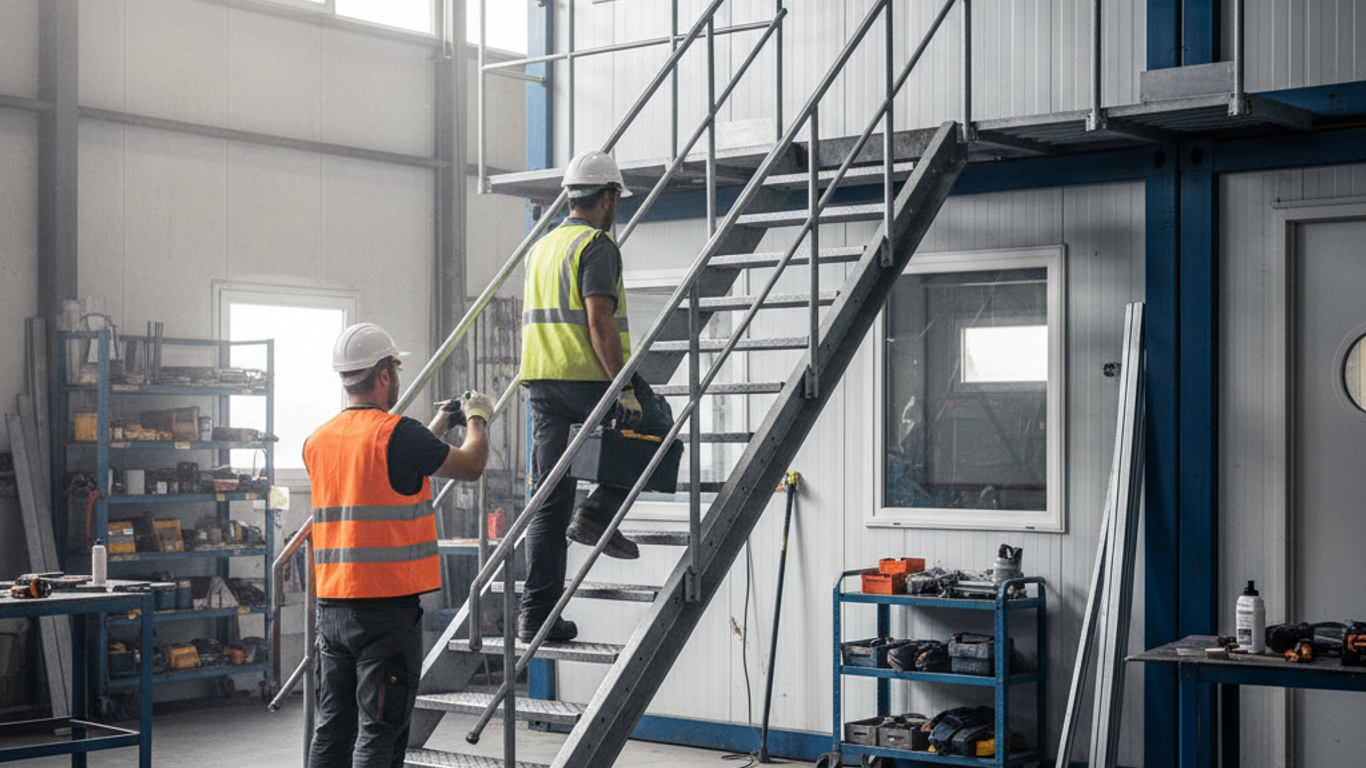 Installation sécurisée d'un escalier conteneur sur base vie de chantier