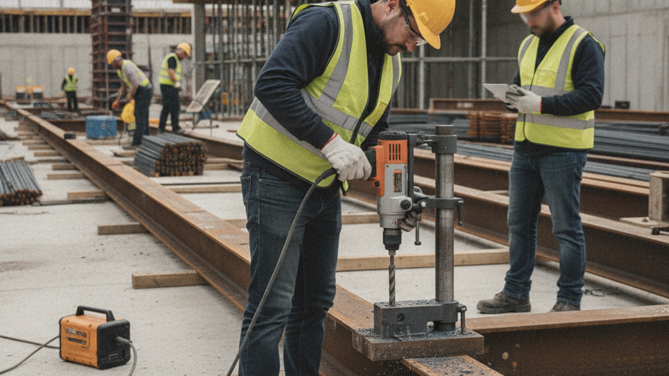 Artisan métallier utilisant une perceuse magnétique