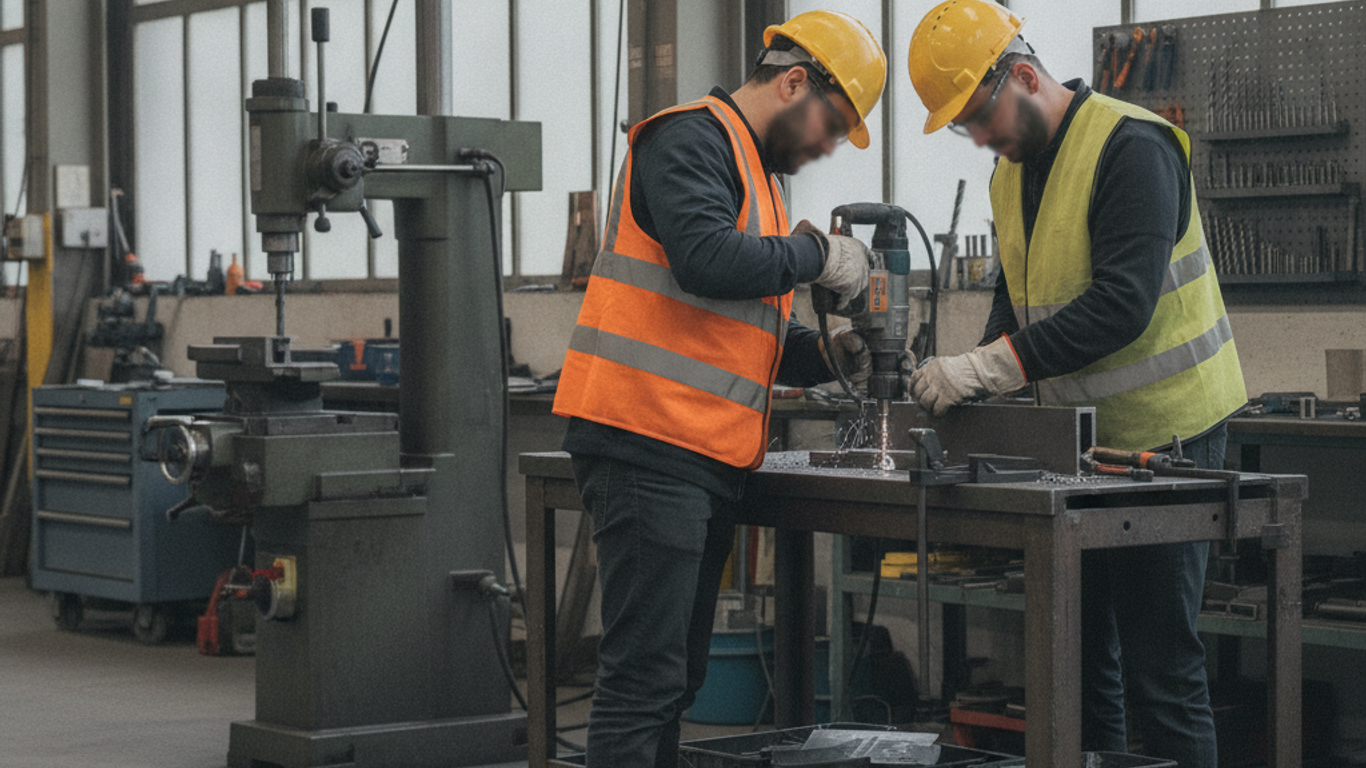 Perçage sur site de charpente métallique avec perceuse magnétique Perceuse magnétique utilisée en position verticale sur chantier