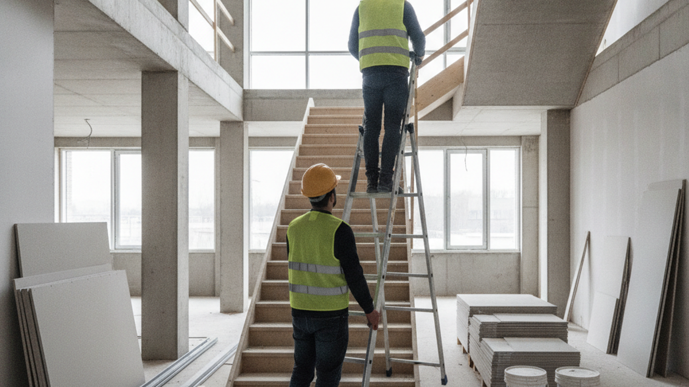 Préparation et installation sécurisée d'une échelle pour escalier