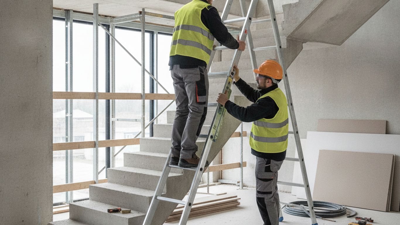 Installation d'une échelle pour escaliers avec réglage du dénivelé sur chantier
