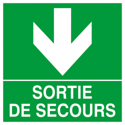 Panneau d'indication d'une "SORTIE DE SECOURS" (flèche en bas)