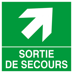 Panneau d'indication d'une "SORTIE DE SECOURS" (flèche en haut à droite)