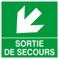 Panneau de signalisation "SORTIE DE SECOURS" (flèche en bas à gauche)